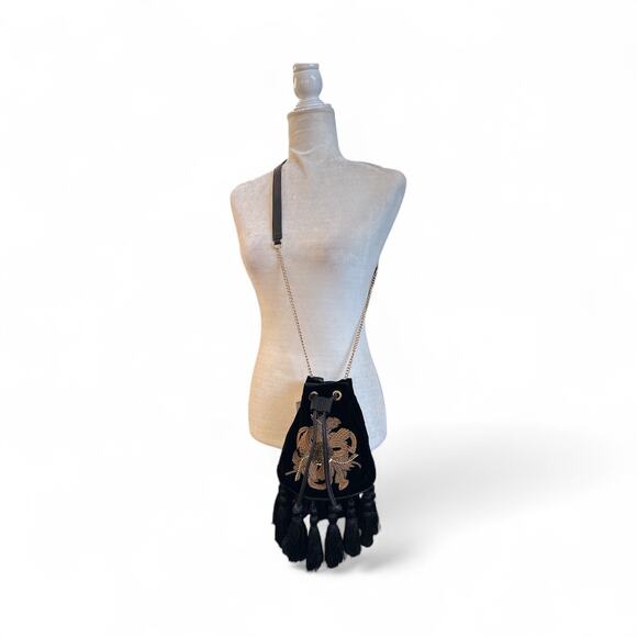 NWT & Other Stories Black Velvet Embellished Potli Bucket Bag with Tassels - Picture 3 of 7